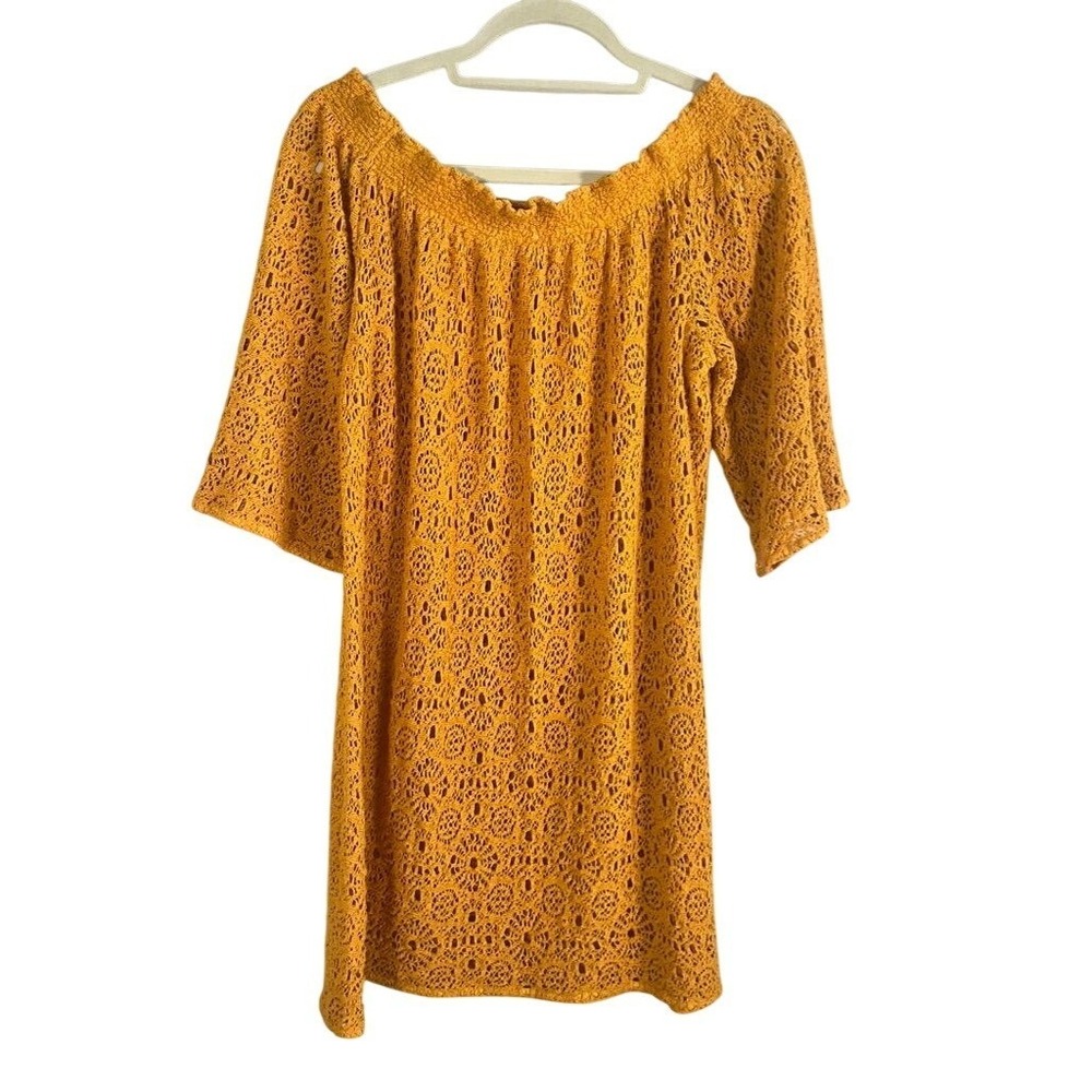 Trina Turk Crochet Knit Dress‎ XL Yellow Boho Indie Folk Hippie Preppy Chic